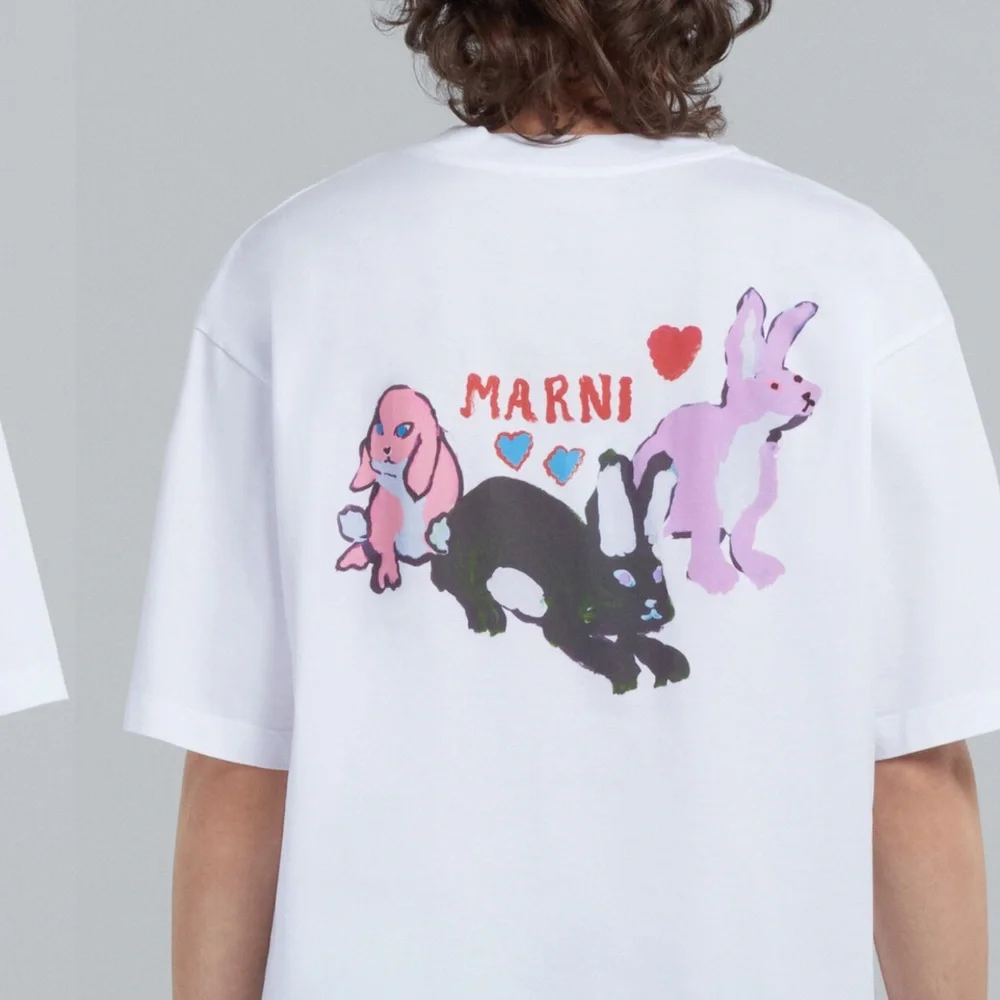 MARNI WHITE BIO COTTON T-SHIRT WITH RABBIT GRAPHICS - Picture 7 of 9